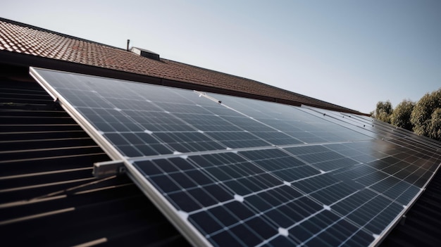 Close up view of solar panels on house rooftop