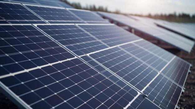 Close up view of solar panels in solar farm