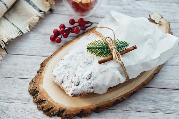 Close up view of stollen Christmas background with holiday decoration