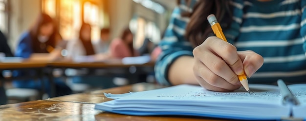 Photo close up view of a student hand writing notes in a notebook during a focused study session