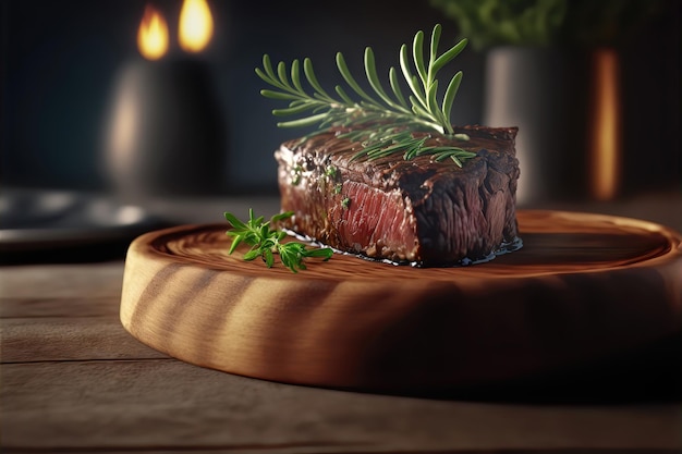 Close up view of succulent steak against studio kitchen table