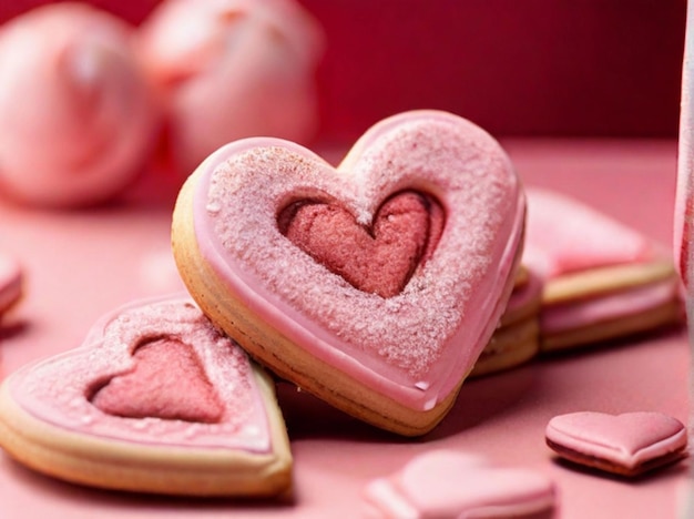 Foto vista ravvicinata di dolci biscotti a forma di cuore e paglia decorativa su rosa