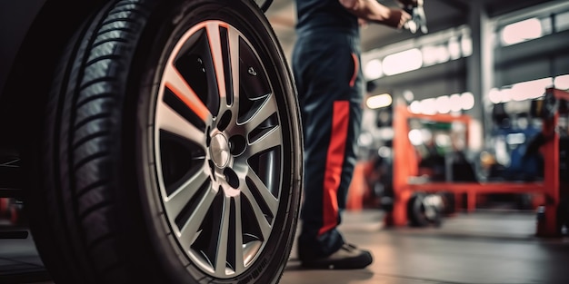 Close up view Tire at repairing service in garage with worker Beautiful illustration picture