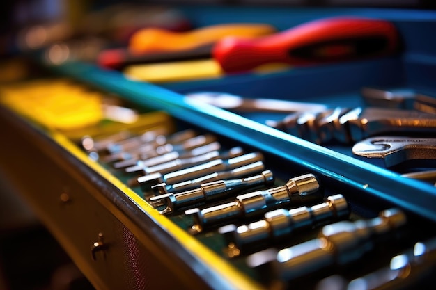 Close up view of a toolbox at a mechanic's shop focusing on the tools inside Generative AI