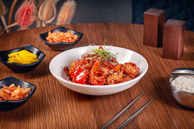 Close up view on traditional korean sliced pork in sweet and sour sauce with lettuce leaves. Meat served with kimchi. Korean cuisine with copy space. Food background.