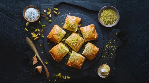 Close up view of traditional turkish baklava with pistachio on a black board