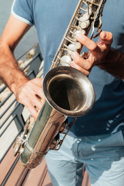 Close-up view of trumpet music concept