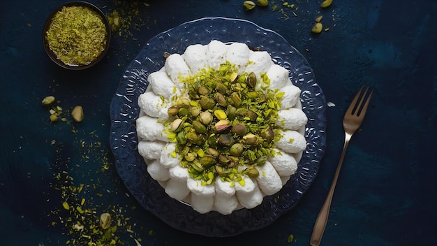 Photo close up view of turkish dessert burma kadayif with pistachio nuts