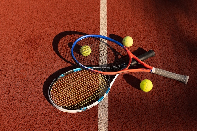 Close up view of two tennis rackets and balls on the tennis court.