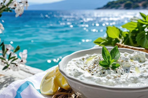 Close up view of tzatziki on Greek table sea in background