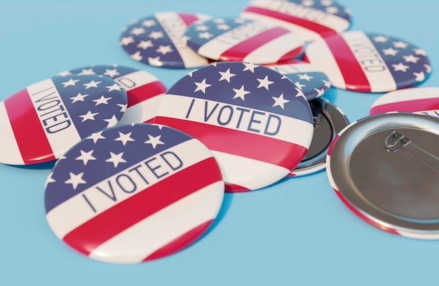 Close-up view of us elections badges