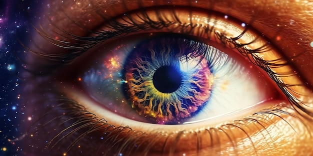 Close Up View van het oog met het universum in Generative AI