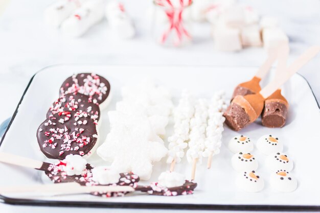 Close up view. Variety of marshmallow toppings with peppermint and chocolate for hot chocolate and cocoa drinks.