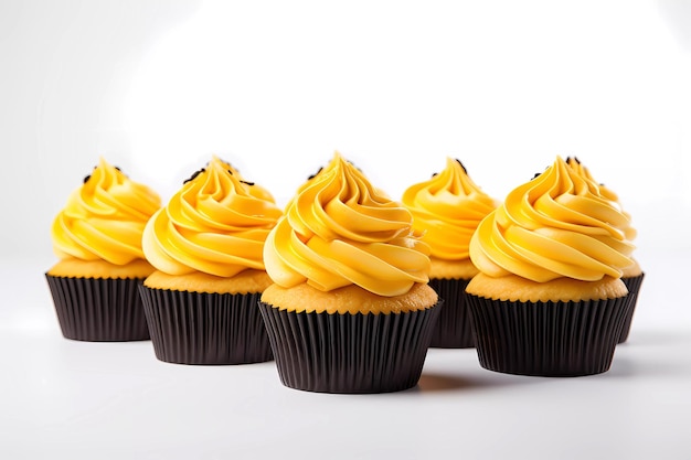 close up view of various sweet cupcakes on white background for sweet shop promotion