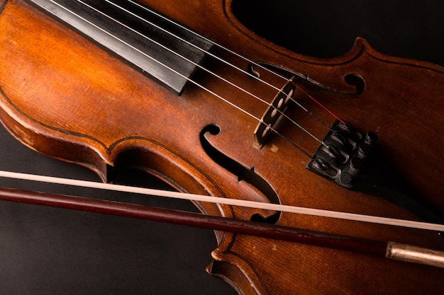 Close-up view of a violin and bow, isolated