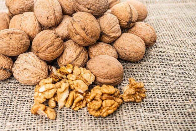 Close up view of walnuts on tabletop