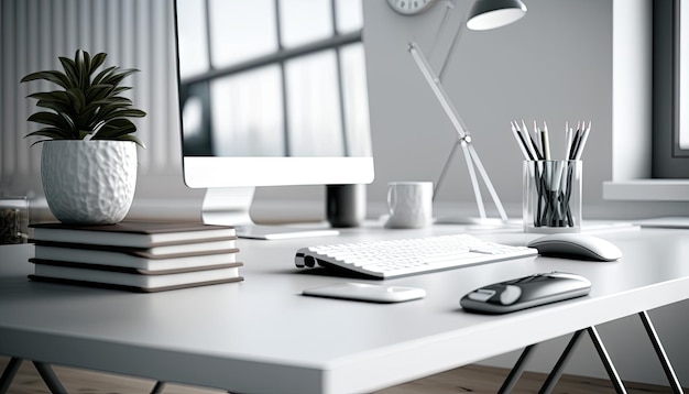 Close up view of white office desk with desktop computer and office supplies Generative AI