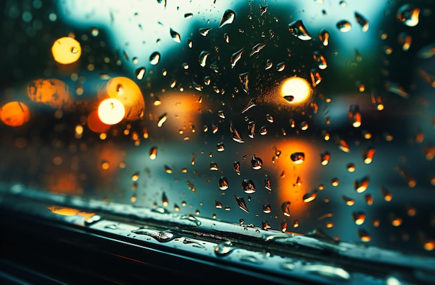 雨の滴が落ちている窓の近くの景色