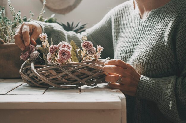 Close up view of woman enjoying time with gardening indoor leisure activity at home Green color and mood mage of people working indoor Relaxation and nature composition people Alone lady lifestyle