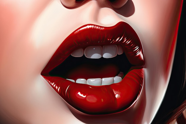 Close up view of woman lips with red lipstick color ai generative