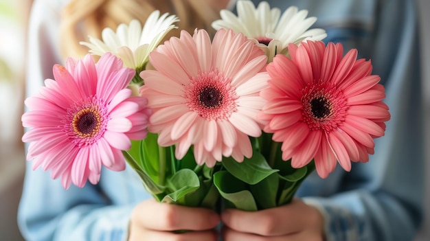 Foto vista ravvicinata delle mani della donna che tiene un vivace bouquet di fiori colorati in piena fioritura