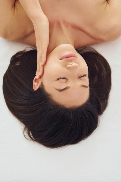 Close up view of woman that lying down on the couch