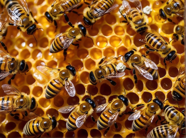 Близкий взгляд на рабочих пчел на медовых клетках