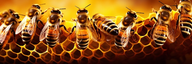 Close up view of the working bees on honey cells