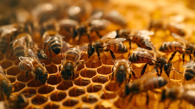 Close up view of working bees on honeycells