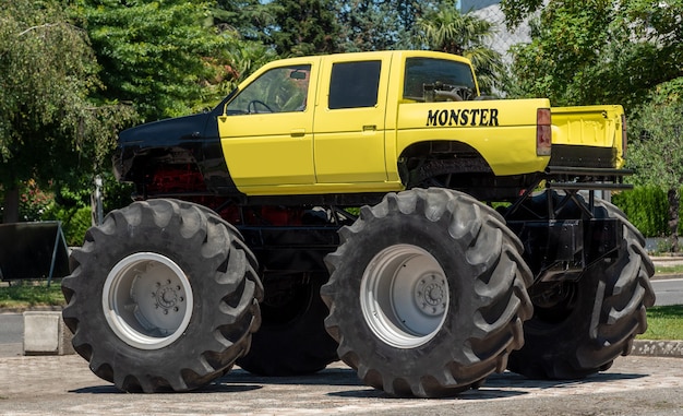 Close up view of yellow monster truck
