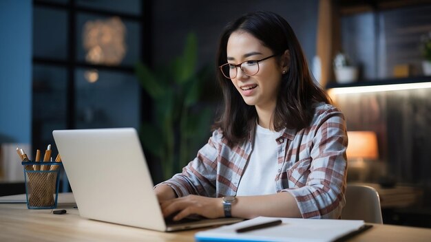 Close up view of young female freelancer working on her project with laptop computer