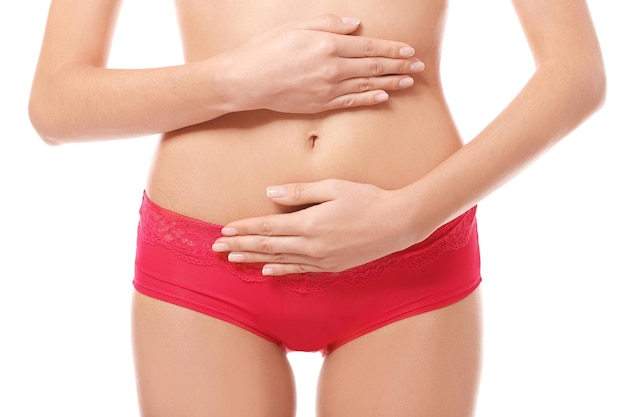 Close up view of young woman on white background Gynecology concept