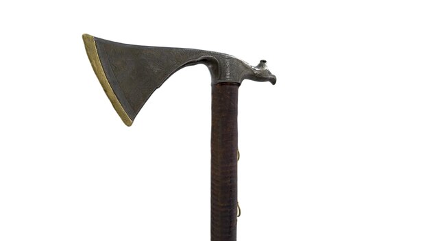 A close up of a viking axe