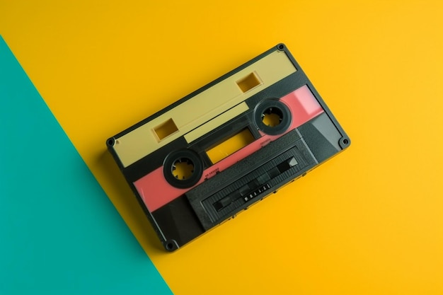 Close up vintage audio cassette on 90's color theme background