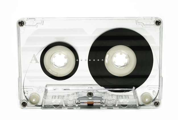 close up of vintage audio tape cassette on white background