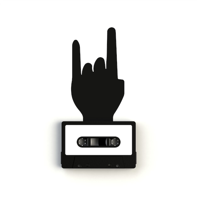 Photo close up of vintage audio tape cassette with rock hand sign concept illustration on white background