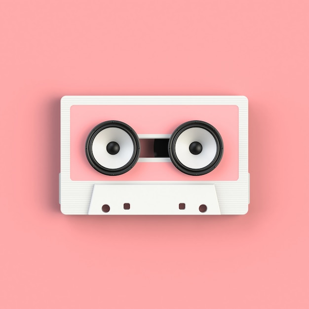 Close up of vintage audio tape cassette with speakers concept illustration, Top view with copy space, 3d rendering