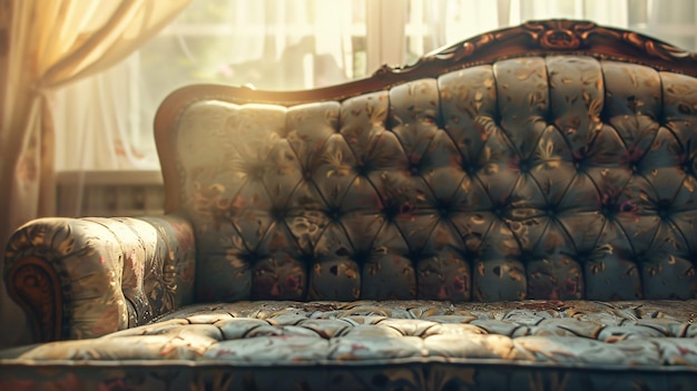 Photo close up of vintage sofa in baroque style in a sunny room