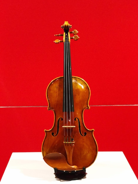 Close-up of violin against red wall