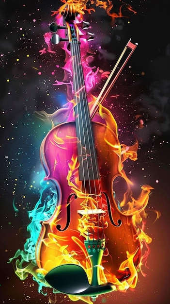 불과 불꽃이 있는 바이올린의 클로즈업 (Generative Ai)