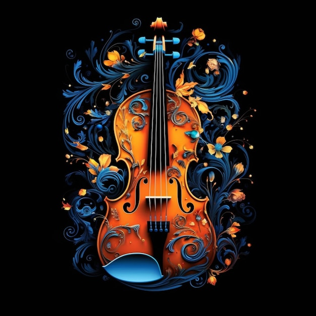 Крупный план скрипки с цветочным орнаментом на ней, генеративный ай