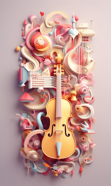 A close up of a violin with a lot of musical instruments generative ai