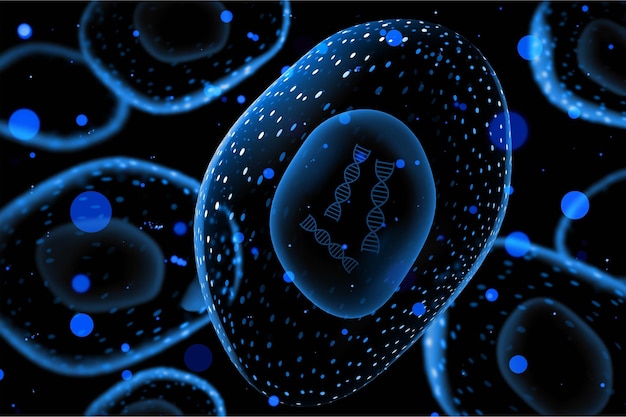 Close-up of virus cells or bacteria with dna on dark background