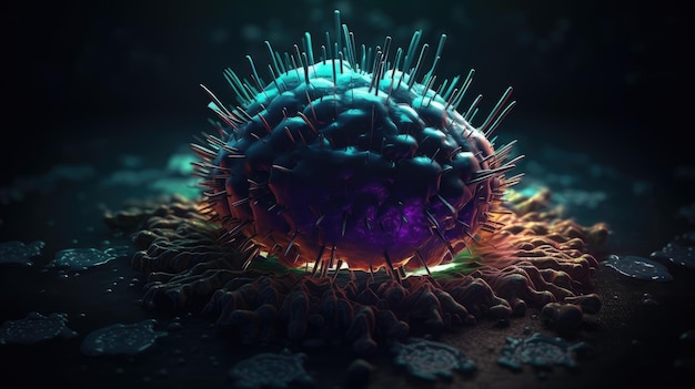 A close up of a virus with a blue background