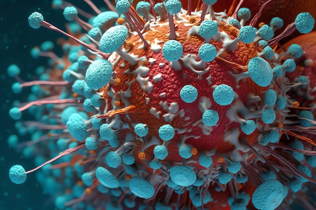 A close up of a virus with blue and orange spiky balls on the surface.