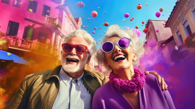 Close up vivid portrait of an elderly couple happy man and woman traveling Elderly travelers Happy old age Tourist season emotional old people AI generated image