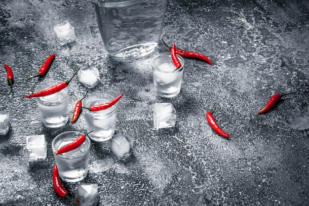 Photo close up on vodka shots with hot peppers