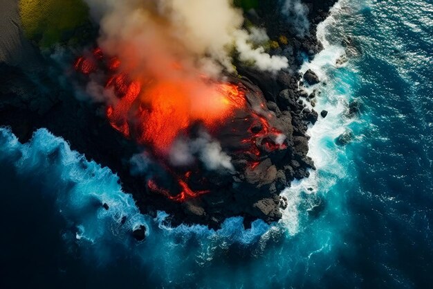 A close up of a volcano with smoke coming out of the water