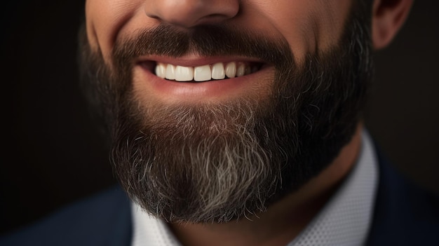 Foto close-up volwassen mannelijke mond mooie baard en glimlachend pak dragen