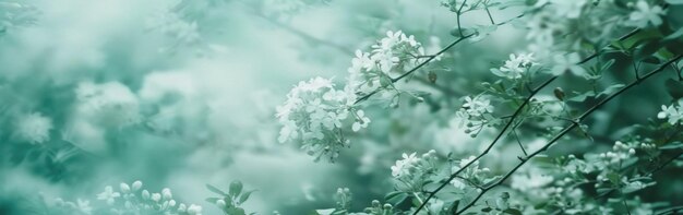 Close-up voorjaarsfoto van een boom met witte bloemen die wazig en abstract lijken in pastelgroene tinten